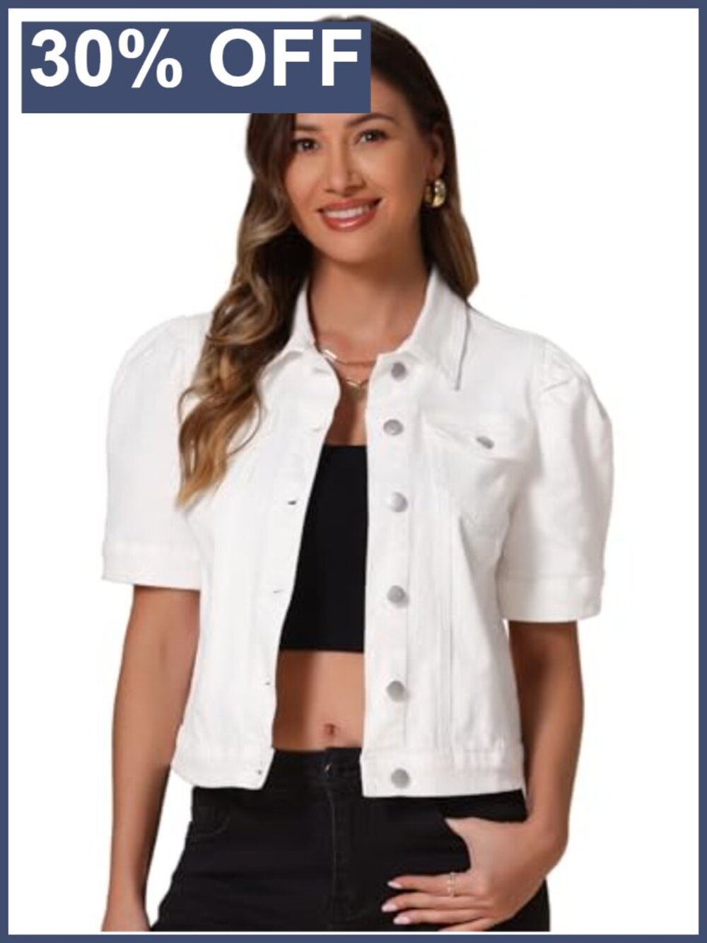 Short Puff Sleeve Denim Jacket Button-Down Casual Jean Jacket